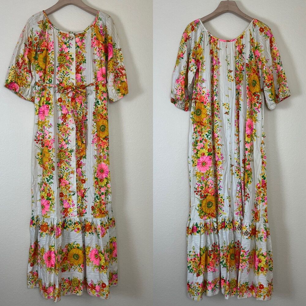 Vintage Miss Elaine Women Size S Floral Ruffle Maxi Dress 70s Retro Boho Peasant - Picture 3 of 17
